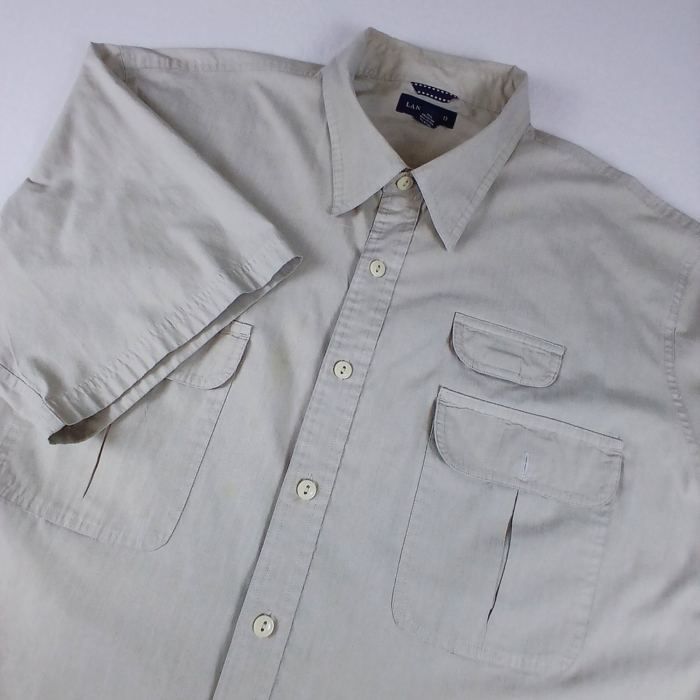 Lands End Mens XXL Tan Short Sleeve Utility Fishing Shirt Button Down Khaki